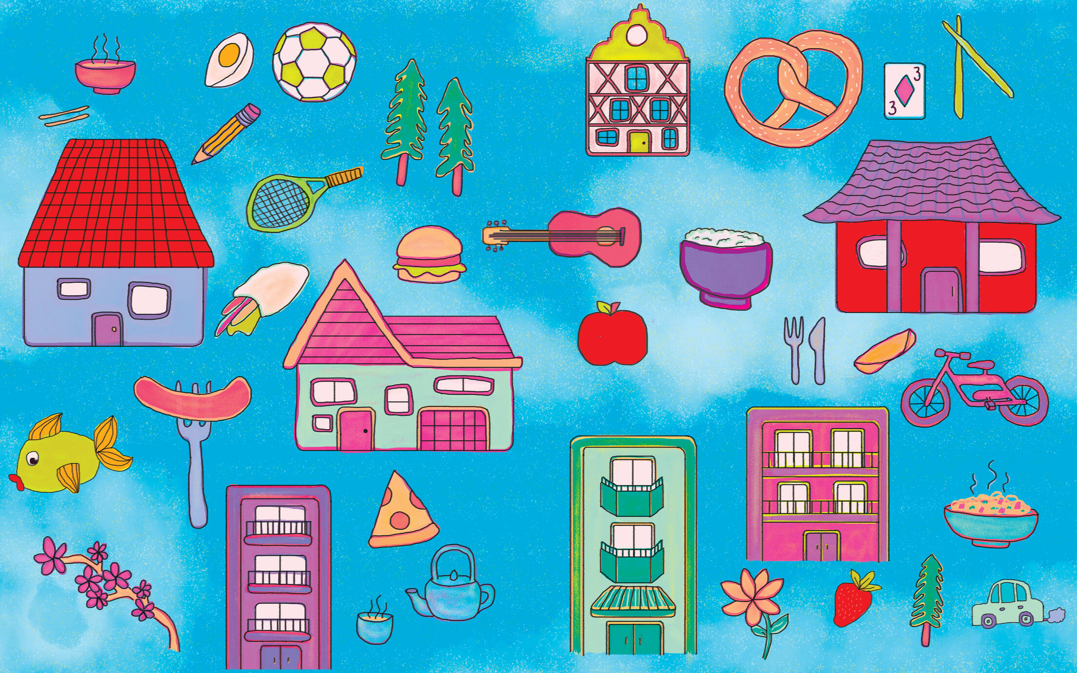 Illustrated collage of various items from different cultures