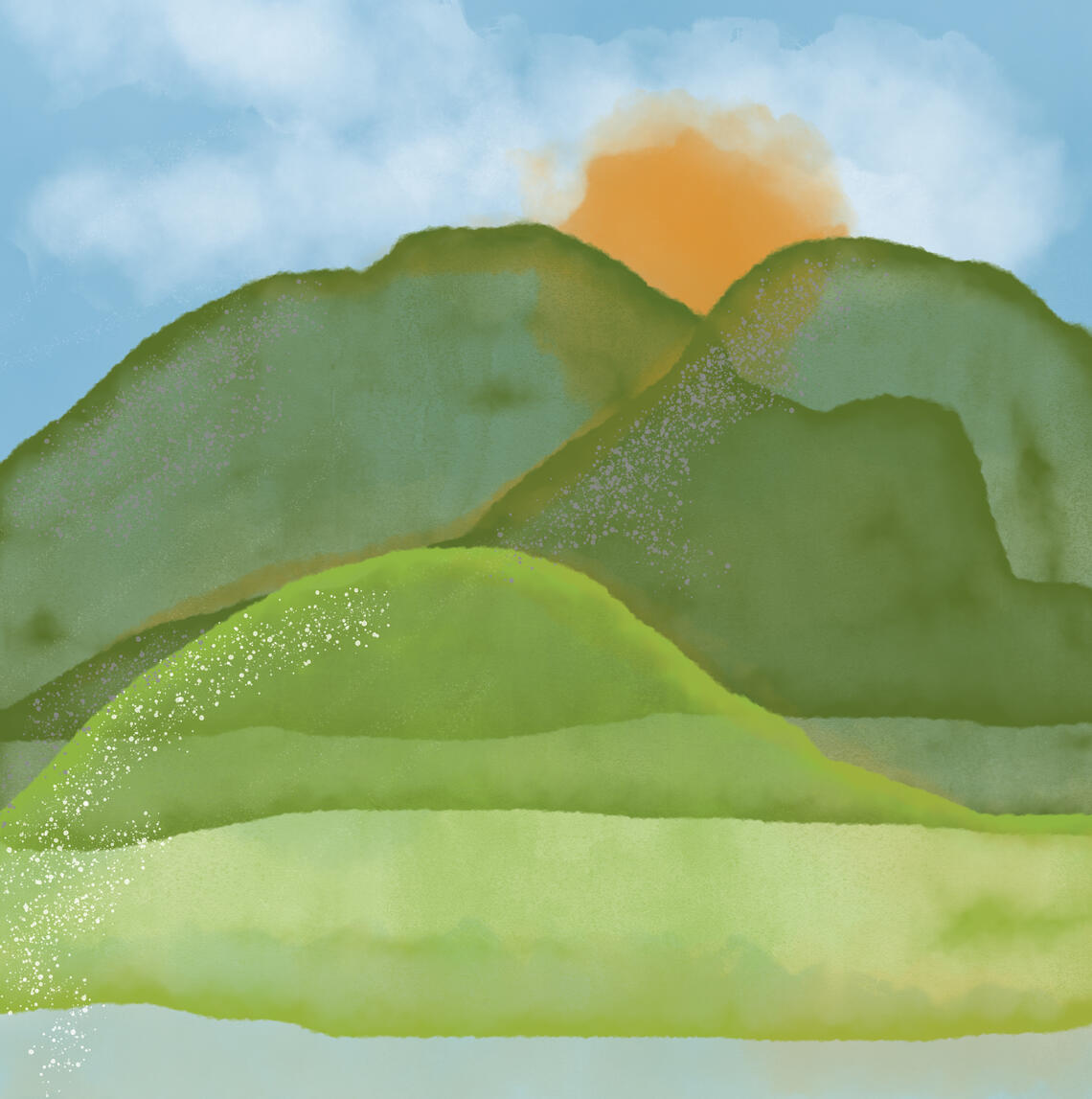 water colour style illustration of a mountain with a sunset